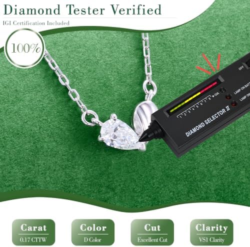 QuenPick Pear Shaped Lab Grown Diamond Necklace for Women, 0.17 CTTW D Color VS1 Teardrop Diamond Necklace, Two Halves One Heart Design, White Gold Plated 925 Sterling Silver, Adjustable 16"+2" Chain — view 2