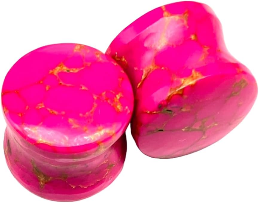 Pink Turquoise Copper Veining Stone Double Flared Ear Plugs – Handmade Stone Gauges, Tribal Body Piercing Jewelry for Stretched Ears
