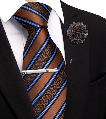 Image of Hi-Tie 63 inches Striped Paisley Extra Long Ties for Men Silk Necktie with Lapel Pin Tie Clip Big and Tall Men Formal Wedding