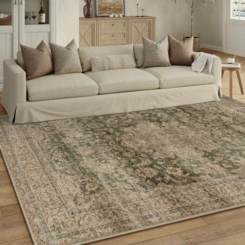 8x10 Washable Green Vintage Area Rug for Living Room Bedroom Large Traditional Low Pile Soft Carpet Non-Slip Thin Retro Distressed Accent Throw Rug for Dining Room Office Kitchen Indoor