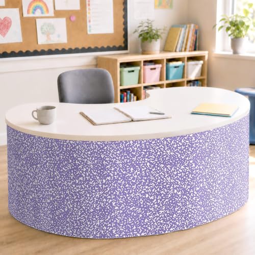 Image of 9FT Purple and White Composition Table Skirt Teacher Desk Skirt for Composition Notebook Classroom Decor Rectangle Table Cover for Back to School Party Supplies Kindergarten Office Bookcase Cabinet