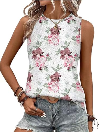 BAISHENGGT Damen Tank Tops Sommer Rundhals Ärmellos Ausgehöhlt Basic T Shirt Oberteile Weiß Blumen M