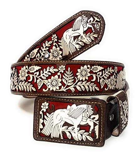 Men's Authentic Western Charro Horse Belt, Cinto Charro Vaquero Fino (Brown/Red, 44)2