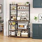 Baker Rack with Power Outlet - Microwave Stand with Storage, Large Coffee Bar Station with 14 Hooks, Metal Kitchen Shelf Rack for Spices, Pots (Rustic Brown) - Image 2