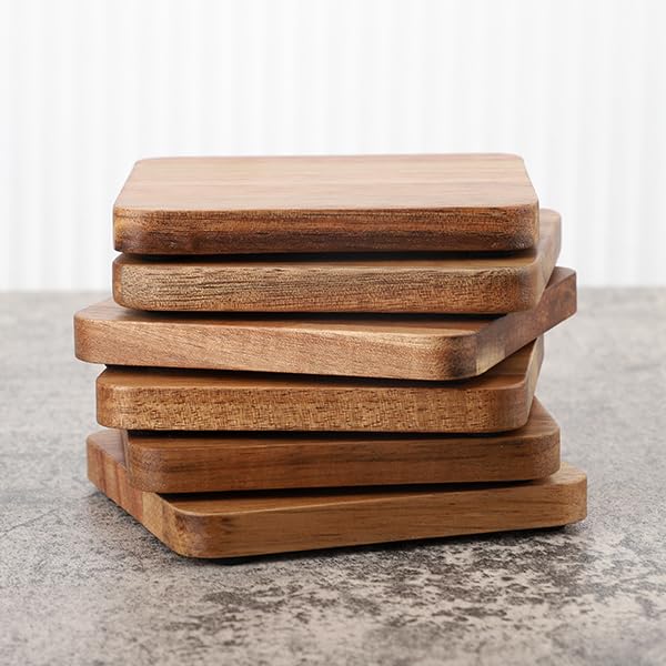 WLWNWFT Acacia Wood Coasters Square for Drinks Tabletop Protection with Holder Set of 6 - Image 2