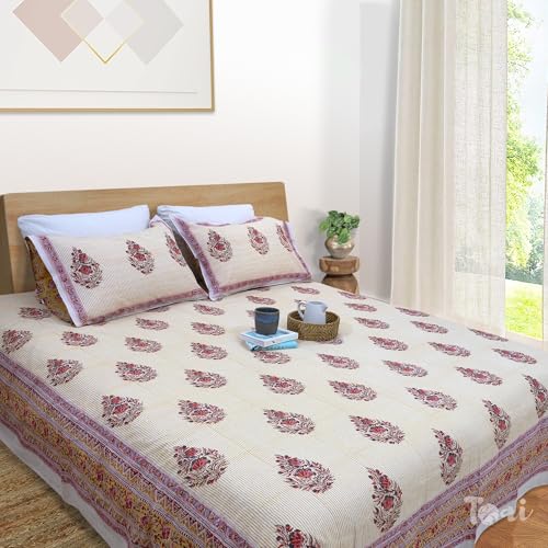 Image of TOAI Hand Block Printed Bedsheet | Bed Spread Flatsheet Bed Sheet | Pure Cotton | Queen Size 90 inchx108 inch | 210 TC Long Staple Cotton | 2 Reversible Pillow Covers |Floral Motives on Yellow Panel