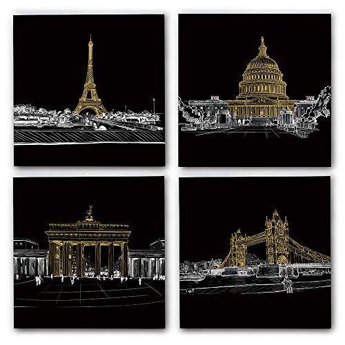 Gronda Architecture Wall Art Canvas Framed Painting Yellow Modern Building Landscape Artwork Home Decor Picture for Bedroom Office Living Room Ready to Hang 12x12 Inch, 4 Panels