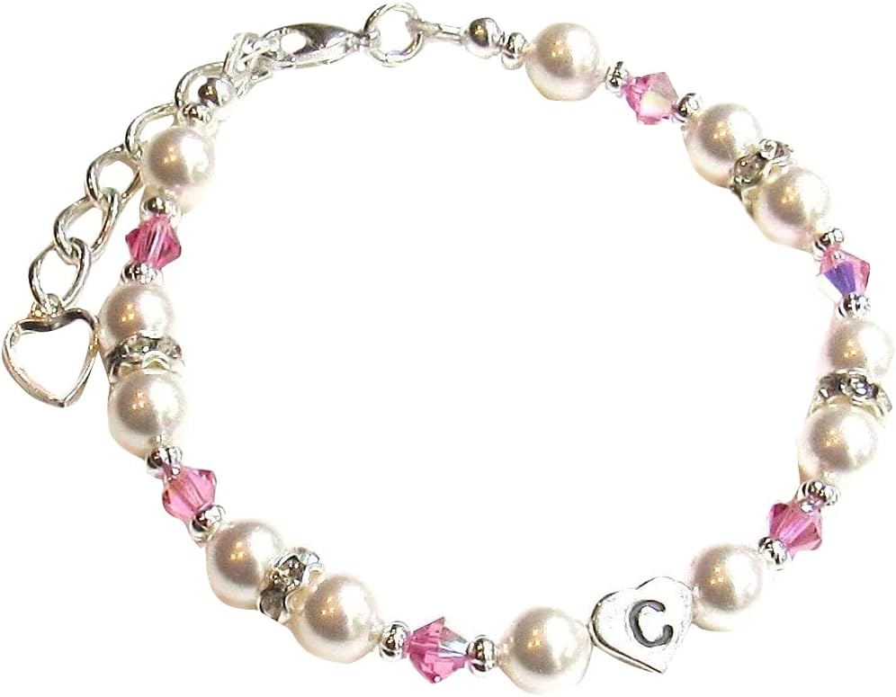 Birthstone Initial Charm Bracelet Sterling Silver, Personalized Jewelry for Girls and Women, Custom Keepsake Bracelet, Letters A-Z Monogram Bracelet Pearl Beaded, Birthday Gift