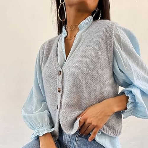 Image of Women's Y2K Button-up Knit Top Coquette Vintage Sweater Vest Fairy Grunge Solid Color Crew Neck Knit Waistcoat (D Gray, M)