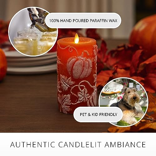 Image of Luminara Embossed Leaves and Pumpkins Moving Flame Pillar Candle 3.25 inch x 6.5 inch with Recessed Edge Unscented Real Wax LED Battery Operated Candle Lights