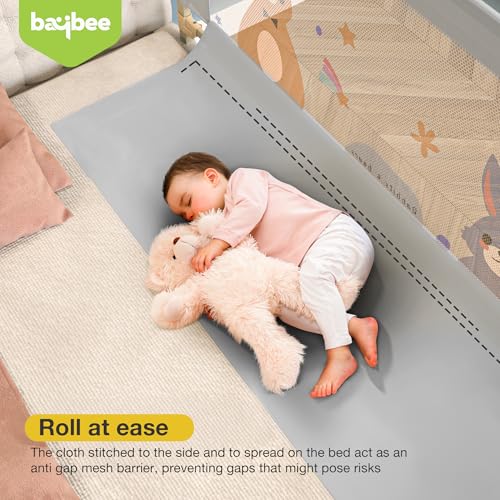 Image of BAYBEE Baby Bed Rail Guard (150x80cm), Bedrail for Baby Safety with 28 Height Adjustable, Portable Bed Side Protector for Babies Falling | Foldable Single Side Bed Railing, 2 Side, (Light Grey)