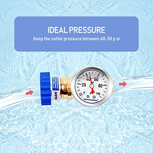 Image of MEASUREMAN Lead-Free Brass Water Pressure Regulator 3 /4 inch GHT, 0-100 PSI Pressure Gauge 1.5 inch Dial x 1 /8 inch NPT Back Mount, Garden Hose Pressure Regulator for RV, Camper, Trailer, Plumbing System