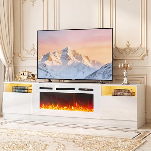 Image of MXV 90 inch Fireplace TV Stand for TVs Up to 100 inch, LED Light Entertainment Center with 50 inch Electric Fireplace, Modern Wood Texture TV Media Console with Highlight Storage Cabinet, White+White