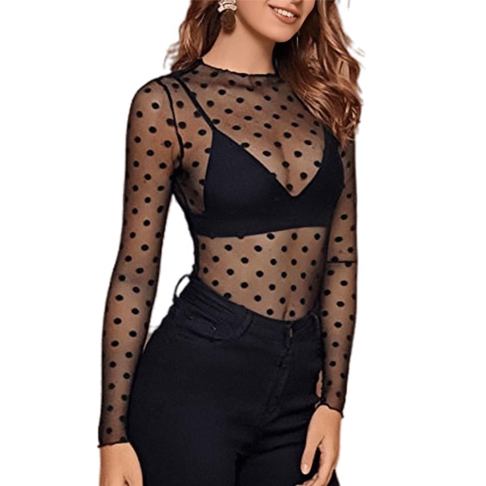 Women Sexy Sheer Mesh See-Through Tops Y2k Long Sleeve