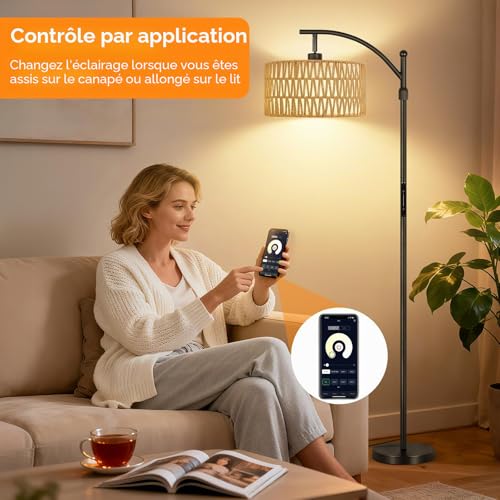 OUTON Lampadaire sur Pied en Rotin, App, 2 Abat-jours, 12W Vintage, Noir – vue 2