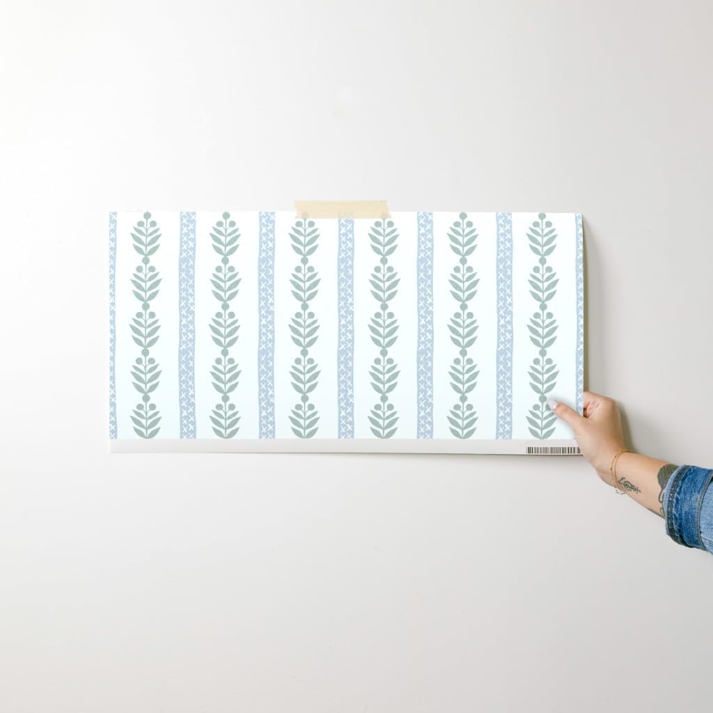 Removable Wallpaper Swatch - Blue Regency Stripe Neutral Traditional Soft Blue Pastel Green Cottagecore Grandmillenial Custom Pre-Pasted Wallpaper by Spoonflower