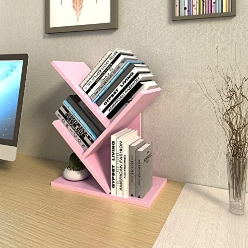 Godferyxin Tree Bookshelf, 3-Tier Book Storage Organizer Shelves Floor Standing Bookcase, Wood Storage Rack for Office Home School Shelf Display for Cd/Magazine Pink