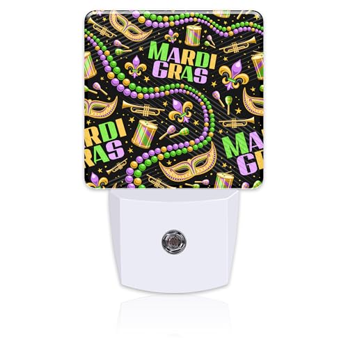 Image of Happy Mardi Gras Night Light, Carnival Fleur De Lis Mask Beads Dusk to Dawn Night Light Plug in, 0.5w Energy Saving Sleep Friendly Nightlights for Kids Boys Girls Home Decor
