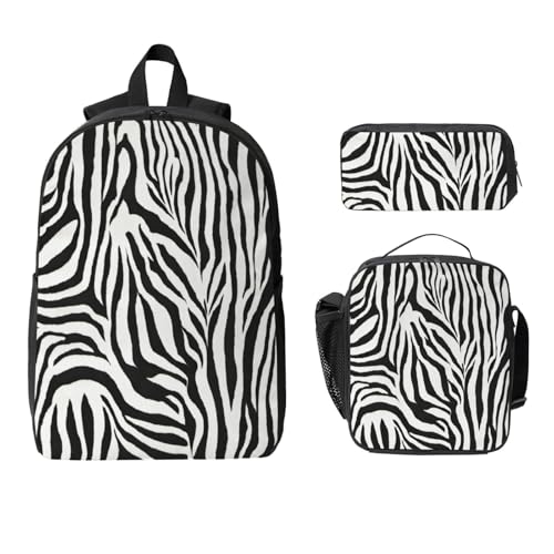 Zebra Print print Backpack Bookbag for Daily Use,3 Pcs Backpack Set with Lunch Box and Pencil Case2