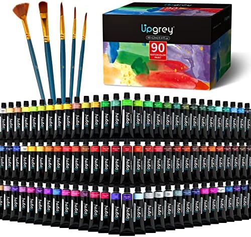 Upgrey Watercolor Paint Set 90 Colours, 12ml Tube Watercolors Paint with 5 Paint Brushes Non Poisonous Vivid Metallic Water Coloring Artwork Portray Watercolor Paints grownup Youngsters