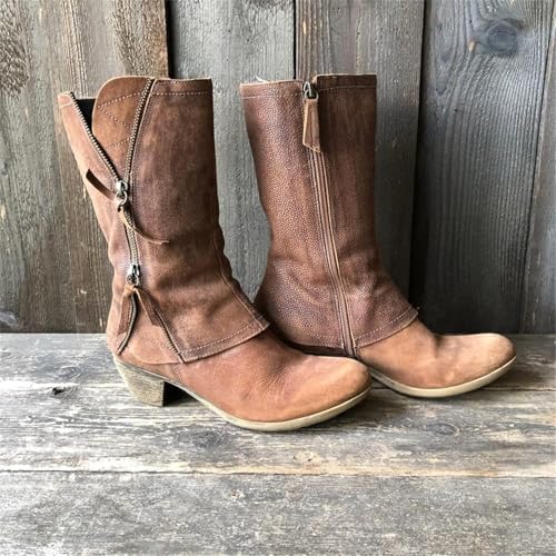 Western Cowgirl Chunky Mid-calf Boots for Women's Vintage Round Toe Side Zipper Block Mid Heel Motorcycle Boots Shoes2