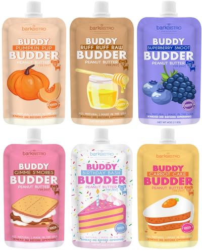 BUDDY BUDDER 6 Pack Mixed Flavor Squeeze Packs, 100% Natural Dog Peanut Butter, Healthy Peanut...