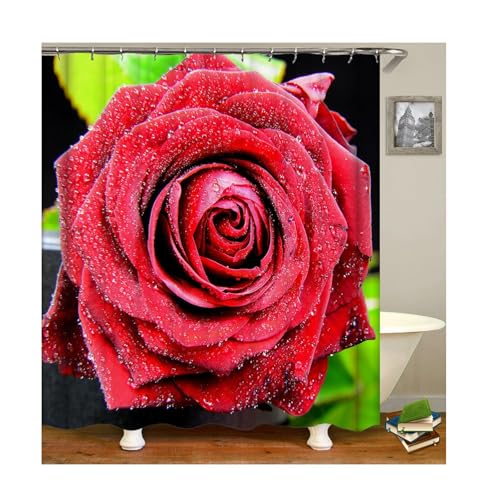 Rideau de douche rouge anti éclaboussures en tissu polyester fleurs roses - 2