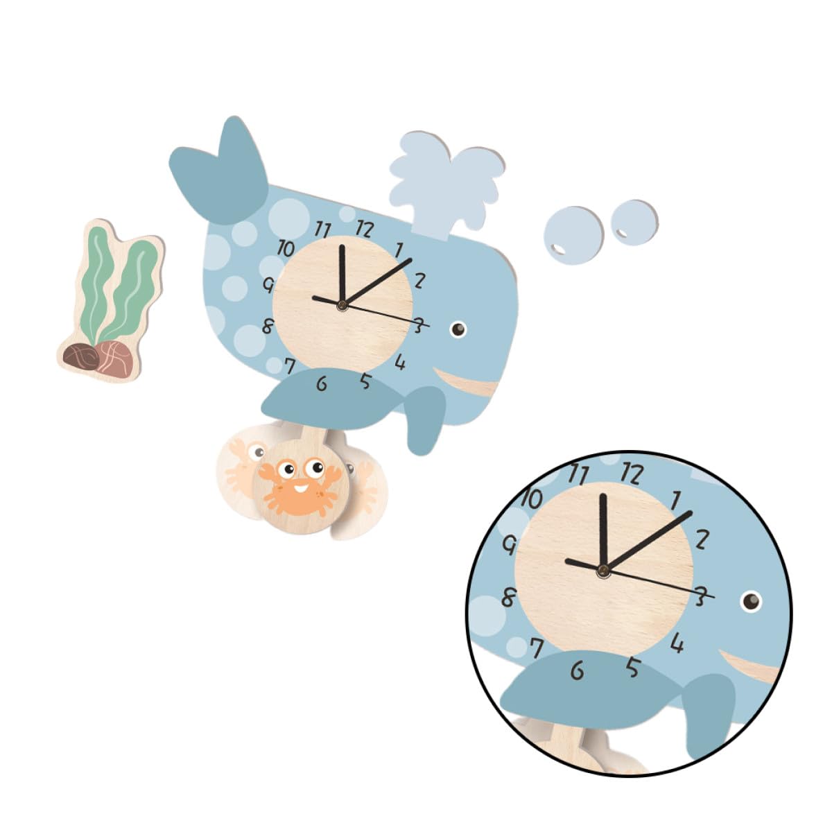 Reloj de Pared Infantil Decorativo Ballena Silencioso Ecológico Péndulo Adecuado para Sala de Estar Dormitorio y Jardín de Infantes Material Respetuoso Medio Ambiente