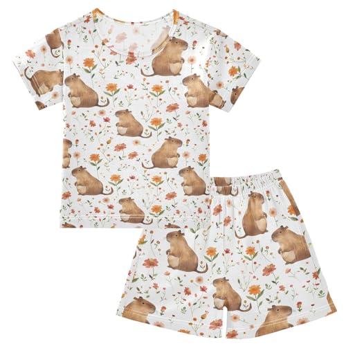 ALAZA Lovely Capybara Flower White Pajamas Short Sleeve 2 Piece Sleepwear Top and Bottom Pajama Set Unisex