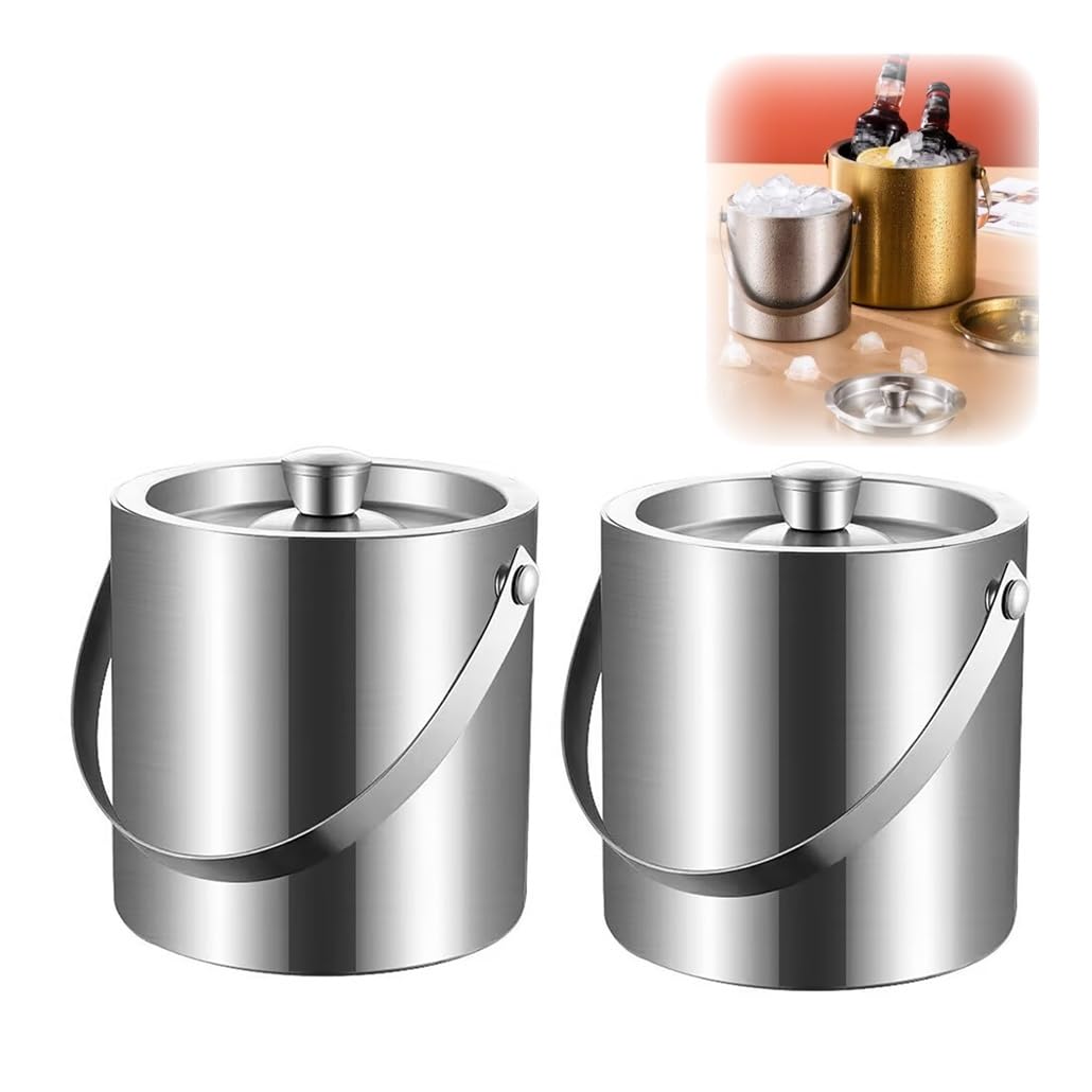 Cubos de hielo de acero inoxidable de doble pared (paquete de 2), for el hogar, con aislamiento al vacío, tapa hermética y pinzas for hielo.(Silver,H 15.2cm/6.0in)