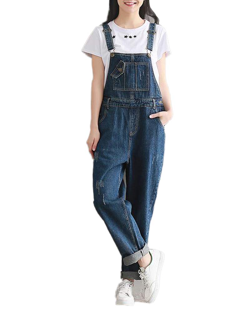 DAIHAN Women Baggy Dungarees Harem Pants Sleeveless Jumpsuits Denim Trousers Ankle Pants Overalls Loose Blue S