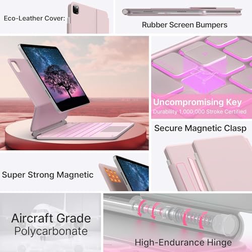 Image of typecase Edge for iPad Air 11 (M4 2026 / M3 2025 / M2 2024), Air 5th /4th & Pro 11 (4th /3rd /2nd /1st) with 11-Color Backlit & Touchpad, Magic Floating Keyboard (NOT for 10th /A16 /Pro 11 (M5 /M4) -Pink'26