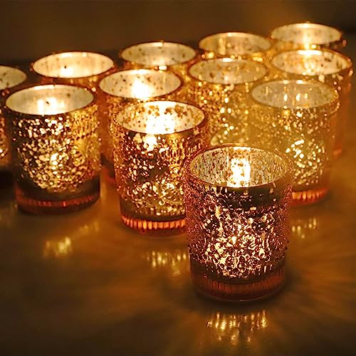 Vohocandle Lot de 12 photophores dorés en vrac pour centre de table de mariage, photophore en verre mercure pour décoration de maison, fête (5,5 x 6,5 cm)