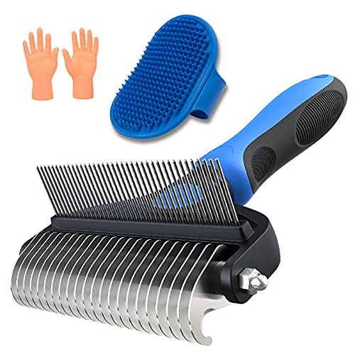 ZSIIBO 2 in 1 Sided Undercoat Rake&Deshedding Tool for Dogs/Cats,Safe and Effective Dematting Comb for Mats&Tangles Removing Pet Grooming Brush,Great for Small Large Breeds (Blue)