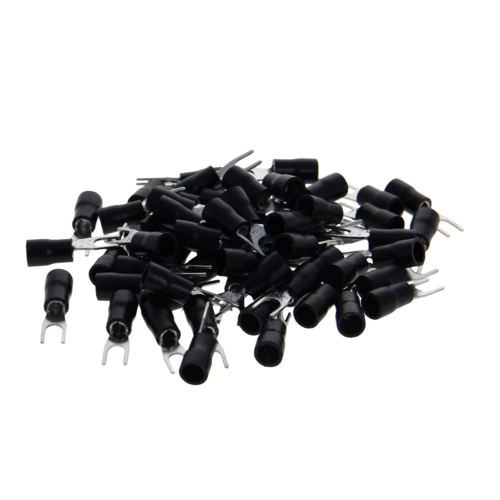 Jutagoss 200Pcs AWG14-12 Insulated Fork Spade Wire Connector Electrical Crimp Terminal Black U-Type Spade Fork terminals Connectors SV3.5-6