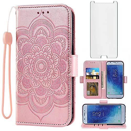 Compatible with Samsung Galaxy J7 Star J 7 Crown 7J Refine 2018 J7V V 2nd Gen Wallet Phone Case Tempered Glass Screen Protector Flip Cover Card Holder Cell for Glaxay Aura S767VL SM J737V Rose Gold