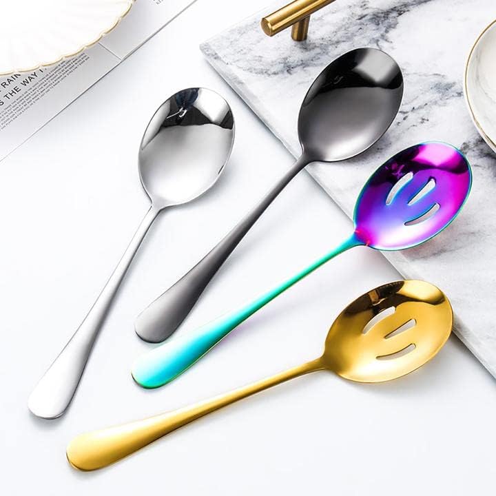 Flatware Spoons Server Set, Rainbow 6 Large Dinner Spoon Server and 6 Slotted Spoon, Catering Public Serving Spoon Set for Buffet Party Banquet