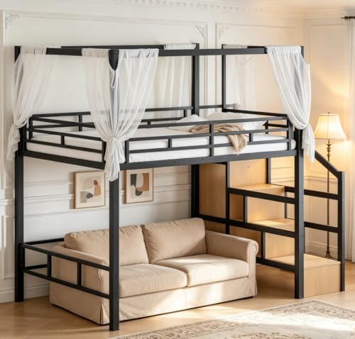 Image of Bellemave Full loft Bed with Storage Stairs, Wardrobe, Canopy Support Pole, Metal Full Loft Bed Frame for Adults, Kids, Teens, Canopy can be Disassembled, Black+Natural Wood
