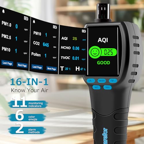 CF-60 PP Professioneller Luftqualität Messgerät mit Integrierten Datendiagrammen und Exportierbaren Berichten, Tragbarer 16-in-1-Detektor für AQI, CO2, TVOC, HCHO, PM2,5/10/1,0, Pollen usw