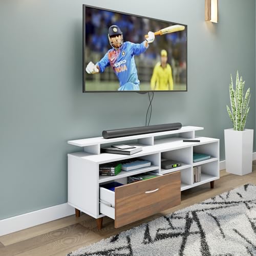 Image of VIKI Modern TV Unit for Living Room | Engineered Wood TV Cabinet with 1 Drawer Storage, 2 Open Shelves & Extension, Entertainment Unit, 140W x 48H x 40D cm | DIY | 1 Year Warranty (White & Walnut)