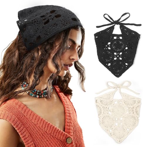 Image of DRESHOW Floral Crochet Hair Bandana Tie Knotted Headscarf Vintage Headband Knitted Head Kerchief for Women Girls