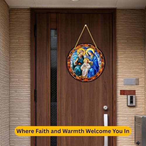 Image of Printality Stained Glass Style Christian Wall Hanging | Round MDF Plaque with Glossy Finish & Golden Zardosi String | Religious Wall Art | Jesus, Mary & Angels Design | Faith Home Decor (Design 2)