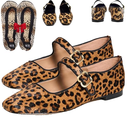Leopard Print Mary Jane Shoes Women with Leopard Print Socks,Square Toe Leopard Print Flats for Womens Leopard, Leopard Ballet Flats Shoes