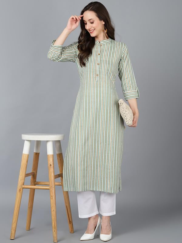 Image of Vaamsi Women's Cotton Striped Printed Kurta (VCK8769 Green)