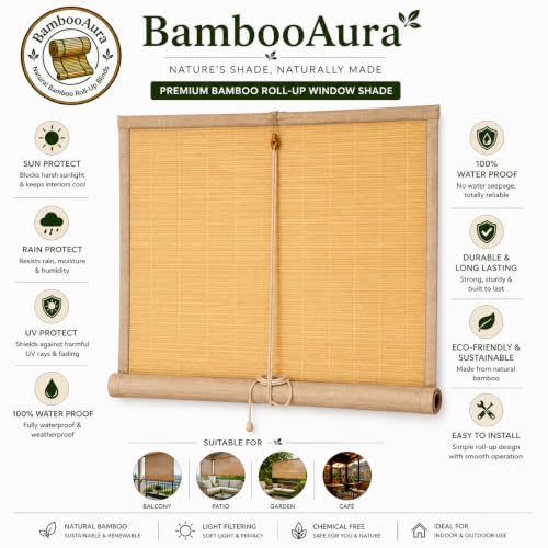 Image of BambooAura Natural Bamboo Roll-Up Window Shade Blind | Light Filtering Bamboo Chick Curtain | Eco-Friendly Sun Protection (4ft x 7ft - W x H) (Natural Beige with Dark Green Border, (4ft x8ft -W x H))