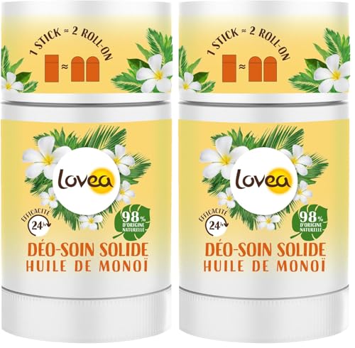 LOVEA - Déo-Soin Solide - Déodorant - Huile De Monoï - Efficacité 24h - 98% D'Origine Naturelle - Sans Alcool - Vegan - Fabriqué En France - 50 g (Lot de 2)