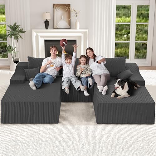 Image of HABUTWAY 94 inch U Shaped Modular Sectional Couch for Living Room, Modular Cloud Sofa with Ottoman, No Assembly Boneless Couches with Deep Seat, Corduroy Fabric (Grey, Left Facing)