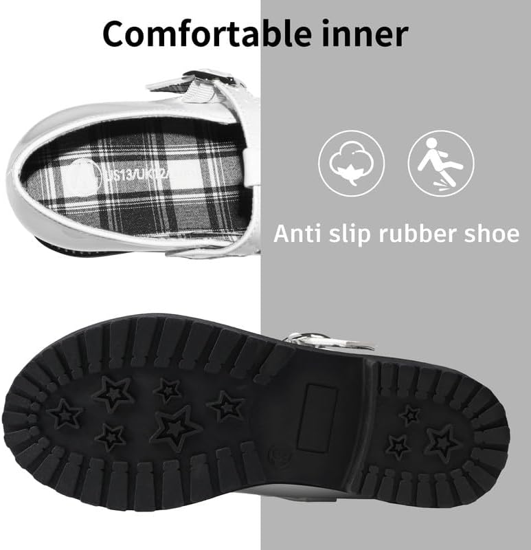 HOMEHOT Girls Mary Jane Dress Shoes with Metal Buckle Strap, Plaid Lining School Party Shoes