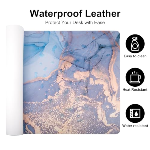 Colorful Star Waterproof Blue Marble Desk Pad, Leather Large Keyboard Desk Mat and Gaming Mouse Pads for Office, Desk Décor Non-Slip Blotter Writing Pad, Desk Accessories for Women Men 31.5\"x15.7\"