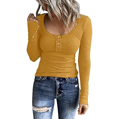 Henley T Shirt Damen Langarm Strickpullover U-Ausschnitt Button Down Langarmshirt Pullover Basic Tee Große Größen Gestricktes T Shirt Sweater Pulli Oberteile Tunika Top Bluse Strickshirt Sweatshirt Cover